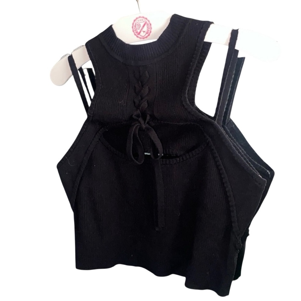 Monse Black Halter Lace Front Neck Knit Crop Top Size Small - Picture 3 of 6